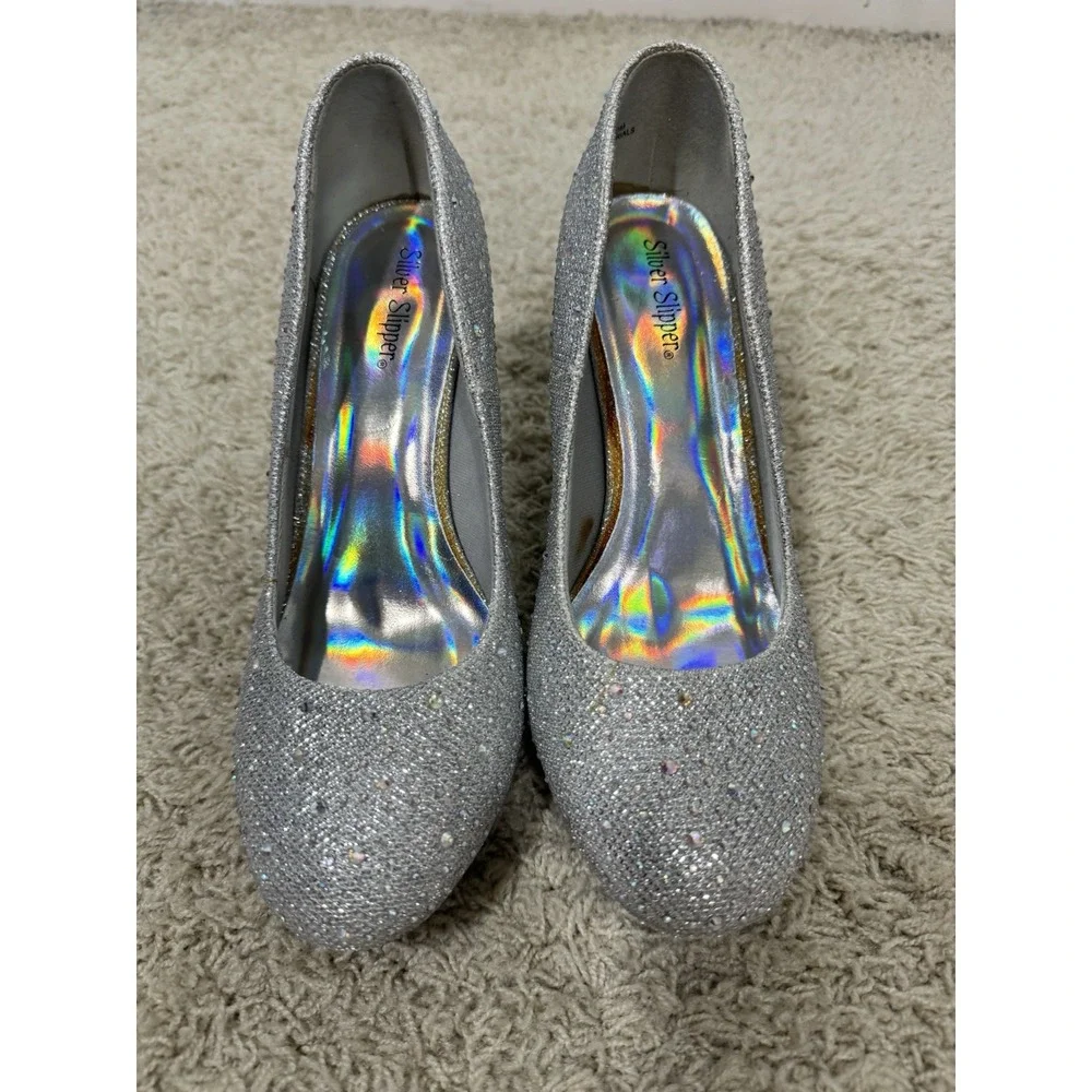 Silver Slipper Womens Romance Rhinestone Sparkle Pumps High Heel Shoes Size 7.5M